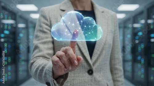 Cloud computing and data storage network in a modern datacenter. Digital information technology with a finger touching a virtual interface. Business connectivity, online security, and server