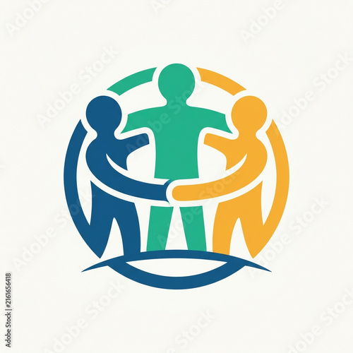 Abstract vector logo of diverse colorful human figures holding hands in unity