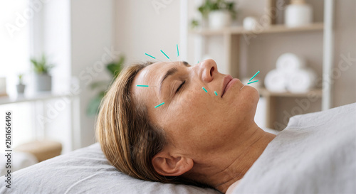 Close up of a relaxed woman receiving facial acupuncture with needles inserted into her forehead and cheeks.