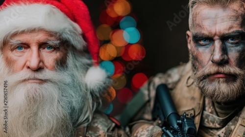 Santa in a red hat next to a soldier in camouflage, a contrast between festive and combative images.
A festive scene with Santa Claus and a soldier, a symbolic juxtaposition of peace and power.