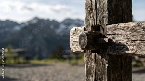 Wooden mortise and tenon joint on clean surface with copy space