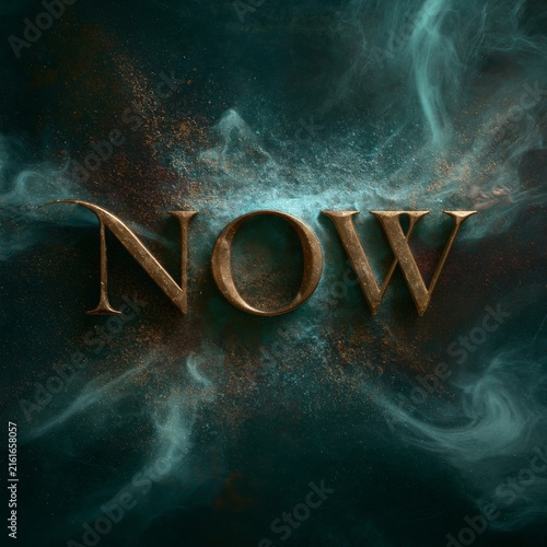 Golden word now on a dark teal smoky background with glowing particles, creating an abstract concept of urgency, action and present time