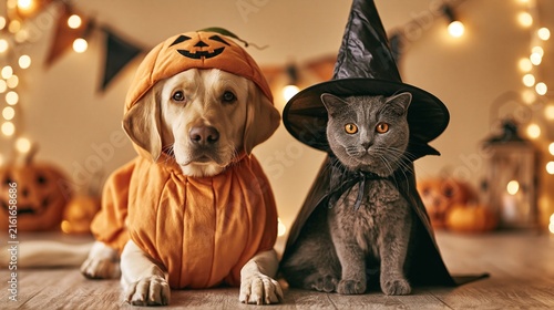Golden retriever wearing pumpkin costume and cat in witch hat