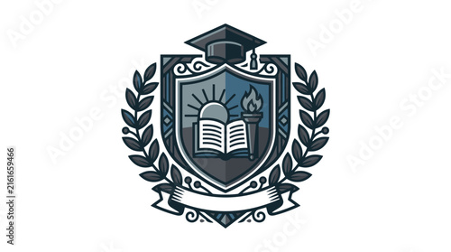 Academic crest with book, graduation cap, and torch.