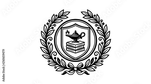 Academic crest with books lamp and laurel wreath.