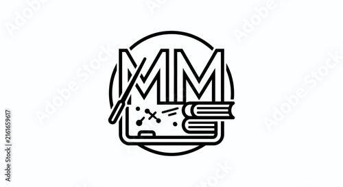 Academic emblem with double M chalkboard and books.
