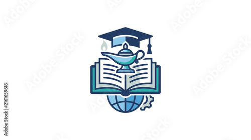 Academic education icon with books globe and magic lamp.