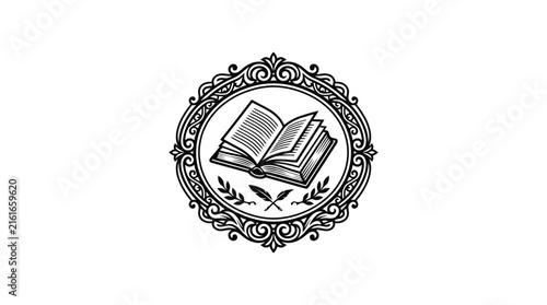 Academic emblem with open book and circular frame.