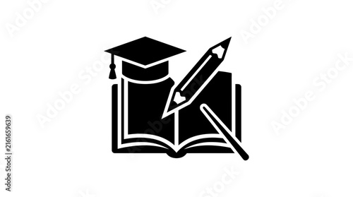Academic graduation icon with mortarboard book and pencil.