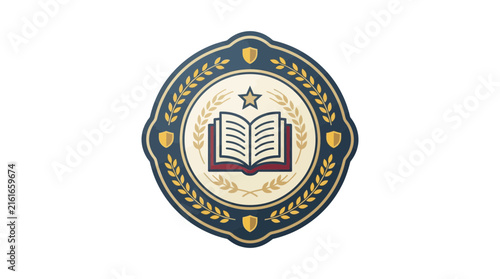 Academic emblem with open book and wheat stalks.