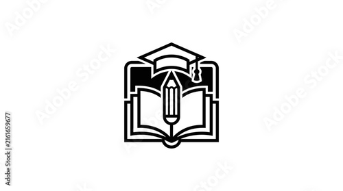 Academic logo with book, pencil, and graduation cap.
