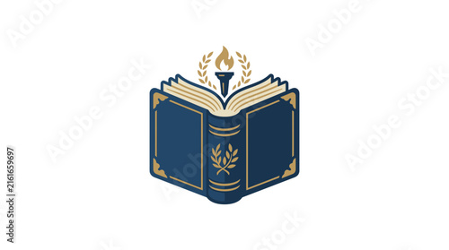 Academic open book with burning torch flame icon.