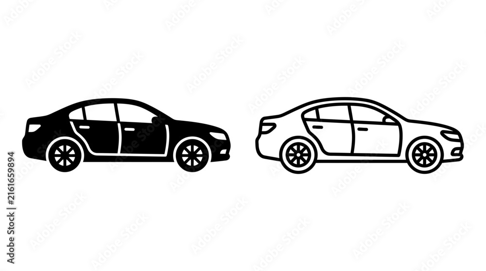 Fototapeta premium Modern sedan car side profile silhouette and outline vector icon set with automobile