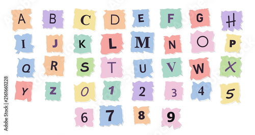 Fotografie Black and multicolored uppercase letters, numbers, and symbols on a dark backgro