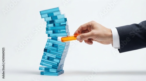 Concept of audit control and compliance gaps shown by a hand placing an orange block into a leaning glass tower.