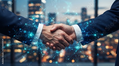 A close-up of a business handshake integrated with a futuristic digital network connection.