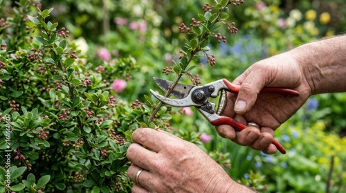 Hands carefully prune a green shrub with red handled pruning shears in a garden gardening hedge trimming horticulture landscaping