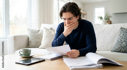 A worried man sitting on a couch thinking about financial mistakes and bills.