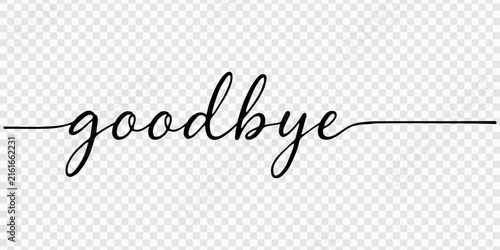 Black handwritten goodbye calligraphy text with a long line flourish on a simple background
