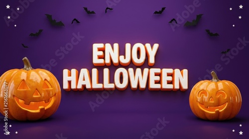 Halloween Typography Poster with Bold Happy Halloween Text, Scary Pumpkin, Haunted Graveyard, Creepy House, Flying Bats and Spider Web, Spooky Orange Night Landscape, Halloween Greeting Vector Design