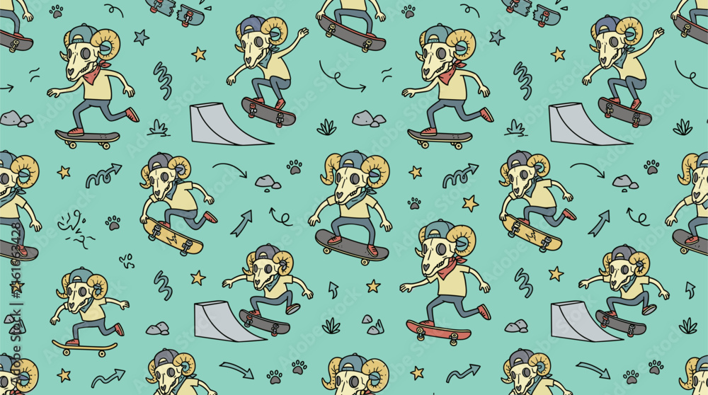 Fototapeta premium Seamless repeating pattern of a cartoon ram skull character wearing a baseball cap and bandana while skateboarding. Teal background with hand-drawn ramps, stars, and doodle accents.