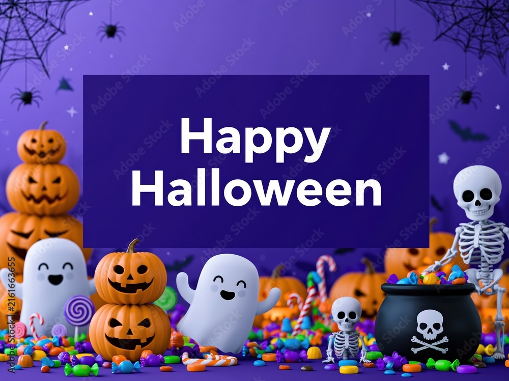 Fototapeta premium Colorful Halloween illustration featuring a purple banner with 'Happy Halloween' text, surrounded by jack o' lanterns, playful ghosts, skeletons, candies, spiders, and bats.
