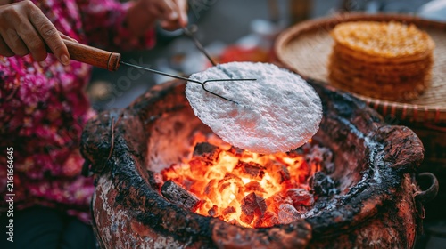 Round rice cracker grilling over hot red glowing charcoal embers