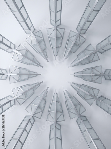 Top-down view of geometric antenna-like structures in radial pattern, brushed metal and glass abstract technology arrangement