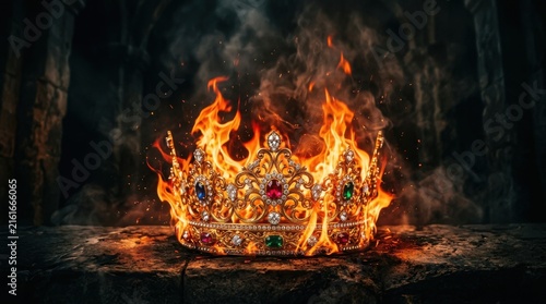 A golden crown engulfed in flames rests upon a stone surface royal regal monarchy sovereignty headwear ornament tiara diadem