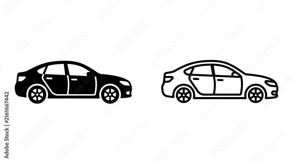 Fototapeta premium Sedan car vector icons set in solid black and outline style showing side profile design with automobile