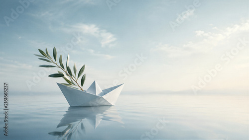 White paper boat carrying an olive branch on calm water. Peace symbol with reflection, hope, harmony, nonviolence and International Day of Peace concept with copy space.