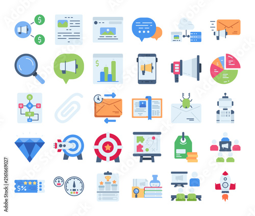 Internet marketing icon set featuring SEO, email marketing, analytics, advertising, and digital business tools in colorful flat style Ideal for websites, apps, and marketing projects
