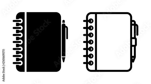 Spiral notebook with pen holder icon vector set in solid fill and outline graphic styles, notebook