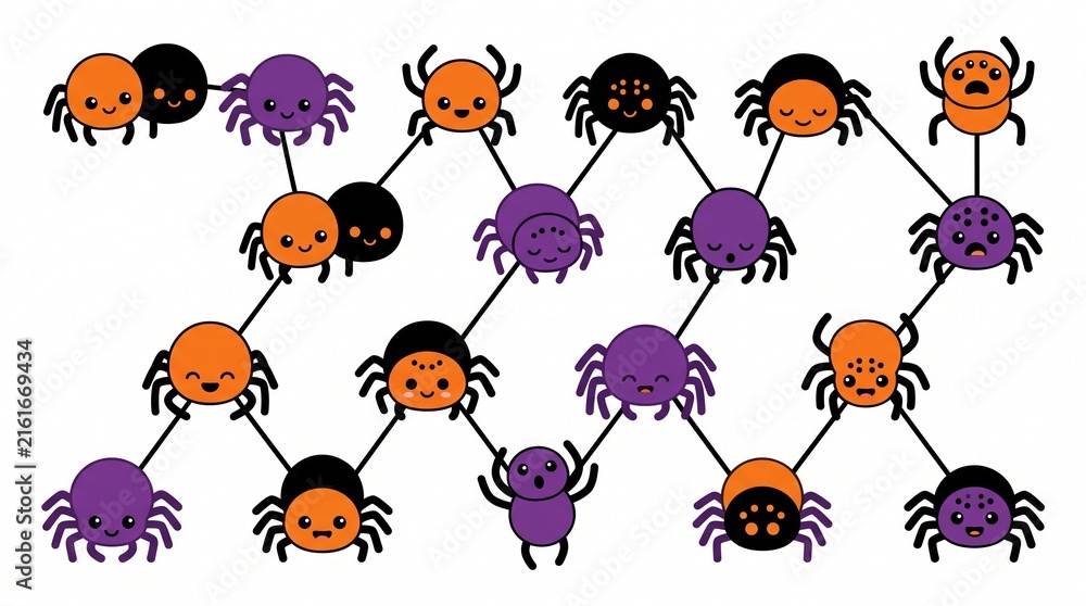 Naklejka premium Cute cartoon spider pattern featuring vibrant orange and purple colors with friendly smiling expressions arranged in a fun geometric web layout for creative Halloween seasonal designs