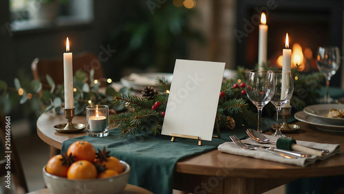 Festive holiday table setting with glowing candles and a blank card for text during a cozy winter meal