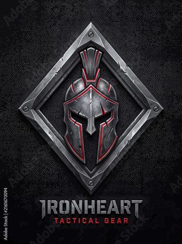 Ironheart tactical gear logo with spartan helmet inside metallic diamond frame element.