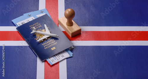 Foto Iceland, Icelandic passport or id document with tickets for flight, travel