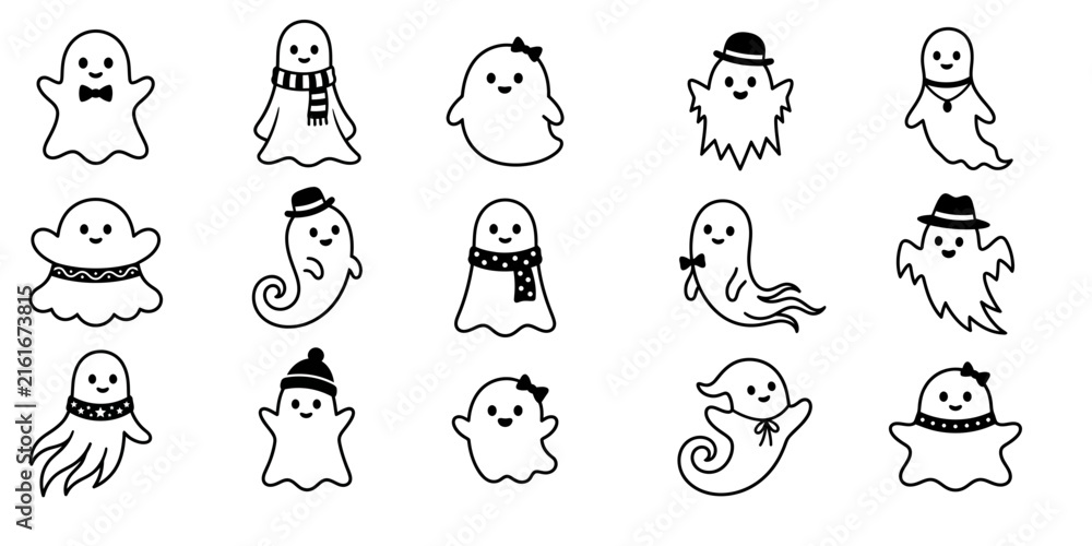 Fototapeta premium A collection of cute hand drawn ghost characters wearing various accessories like hats scarves and bows isolated on a plain white background