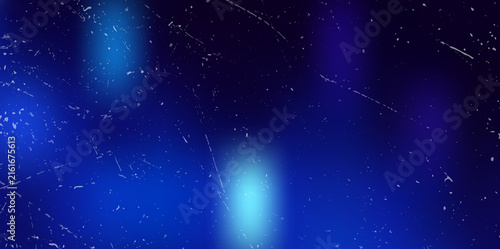 Abstract dark blue background with bokeh light spots, scratches, and texture overlay