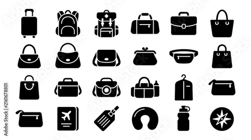 Travel Bags Collection Silhouette Minimalist Black and White Flat Design Vector Icon Set for Travel Planning