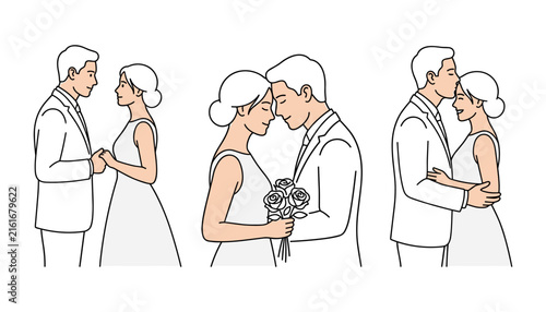 Foto Wedding Couple Character Vector Set Featuring Bride and Groom Holding Hands Hugg