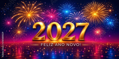 Spectacular Happy New Year 2027 Celebration With Luxurious Golden Numbers, Colorful Fireworks, Sparkling Reflections and Festive Lights Across a Vibrant Night Scene