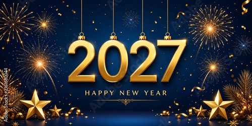 Elegant Happy New Year 2027 Celebration With Hanging Golden Numbers, Brilliant Fireworks, Festive Stars and Confetti on a Luxurious Deep Blue Holiday Background