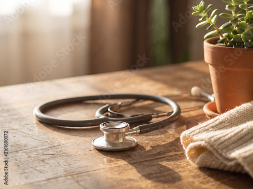 Stethoscope Coiled on Wooden Desk with Plant in Warm Morning Sunlight