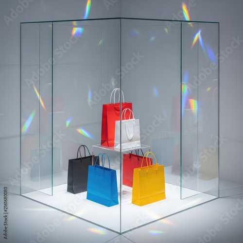 Vibrant retail display with prismatic light reflections on glass surfaces, showing colorful shopping bags and modern minimalist aesthetics, behavior, branding, accessory
