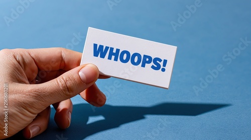 Human hand holding white card with blue whoops text message