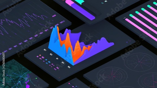 3D data visualization widgets with colorful charts and analytics dashboard interface