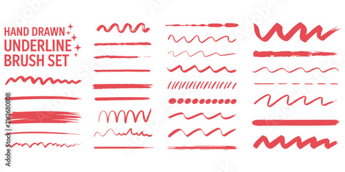 Hand drawn underline brush set with various coral red ink strokes, wavy lines, scribbles, and emphasis marks for highlighting text on a black background, collection