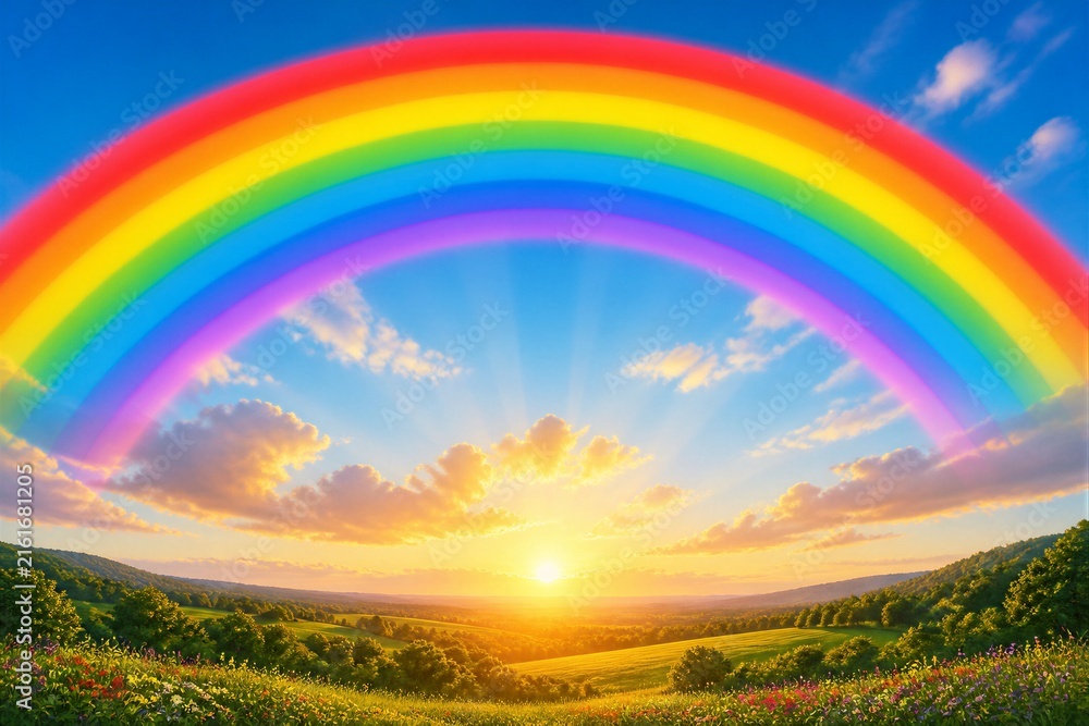 Fototapeta premium Rainbow arching over sunlit countryside at sunrise morning