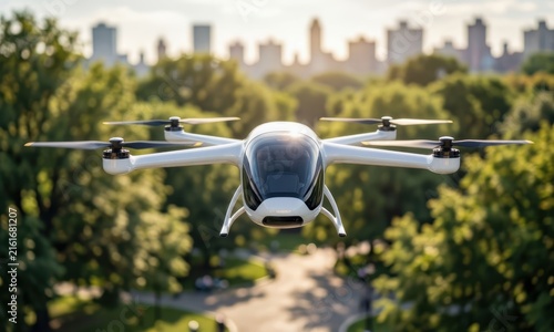 A sleek VTOL air taxi hovers above a city park. This modern eVTOL vehicle signifies the future of urban transport with its innovative design.